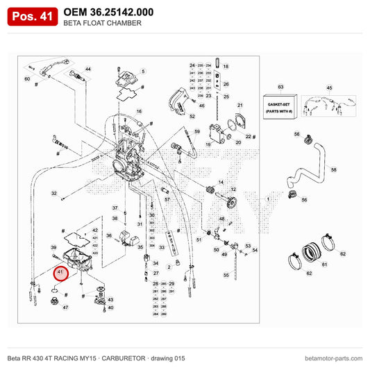 BETA FLOAT CHAMBER – OEM 36.25142.000, position 41 on the Beta RR 430 4T RACING MY15 carburetor drawing