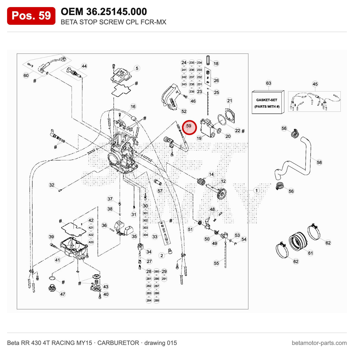 BETA STOP SCREW CPL FCR-MX – OEM 36.25145.000, position 59 on the Beta RR 430 4T RACING MY15 carburetor drawing