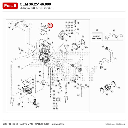 BETA CARBURETOR COVER – OEM 36.25146.000, position 5 on the Beta RR 430 4T RACING MY15 carburetor drawing