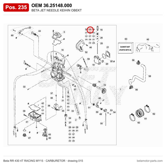 BETA JET NEEDLE KEIHIN OBEKT – OEM 36.25148.000, position 235 on the Beta RR 430 4T RACING MY15 carburetor drawing
