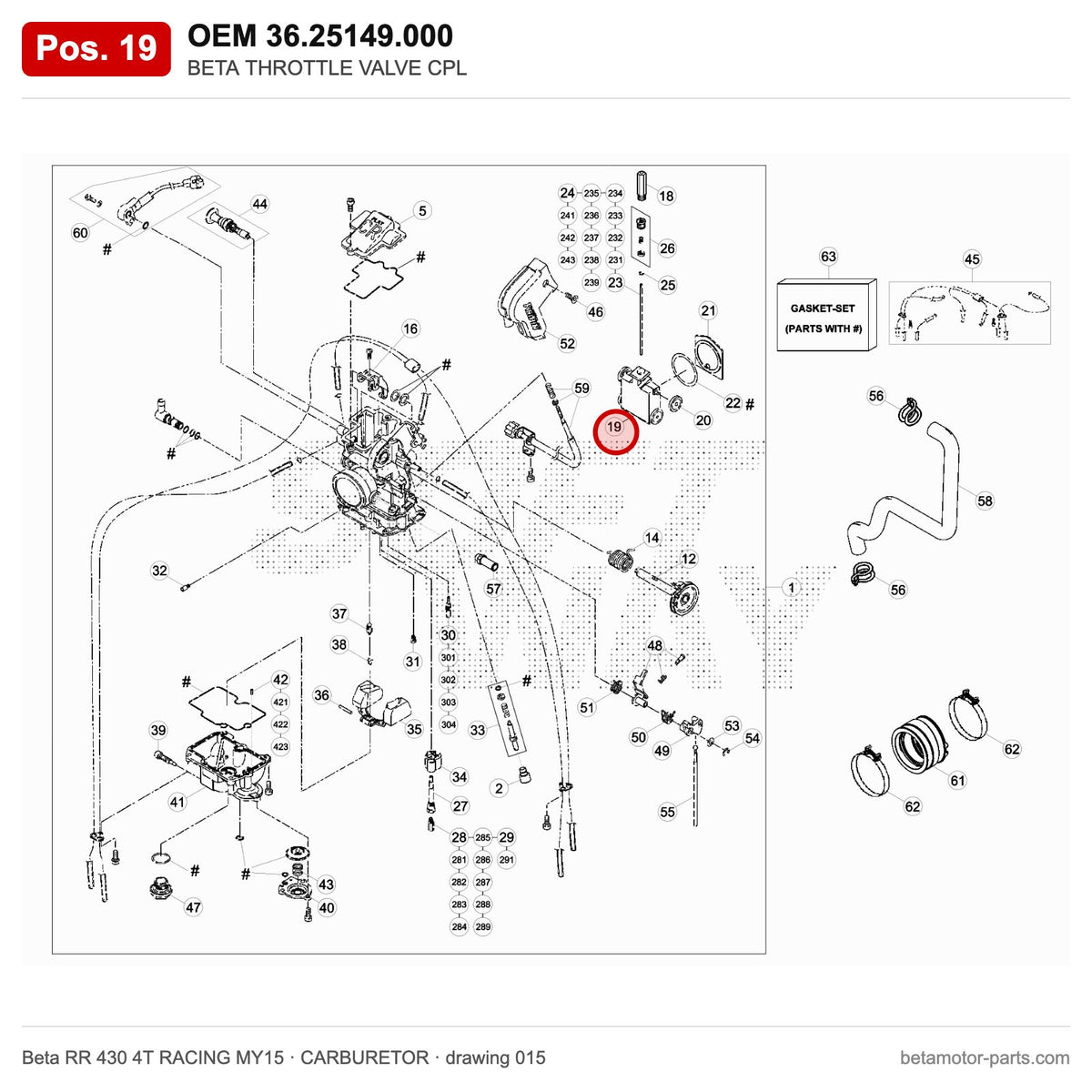 BETA THROTTLE VALVE CPL – OEM 36.25149.000, position 19 on the Beta RR 430 4T RACING MY15 carburetor drawing