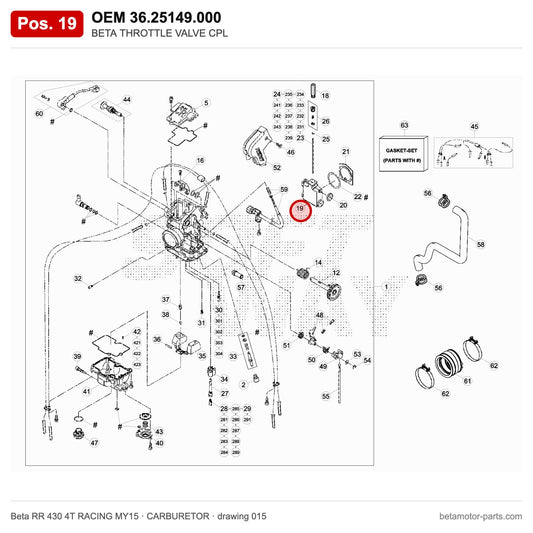 BETA THROTTLE VALVE CPL – OEM 36.25149.000, position 19 on the Beta RR 430 4T RACING MY15 carburetor drawing