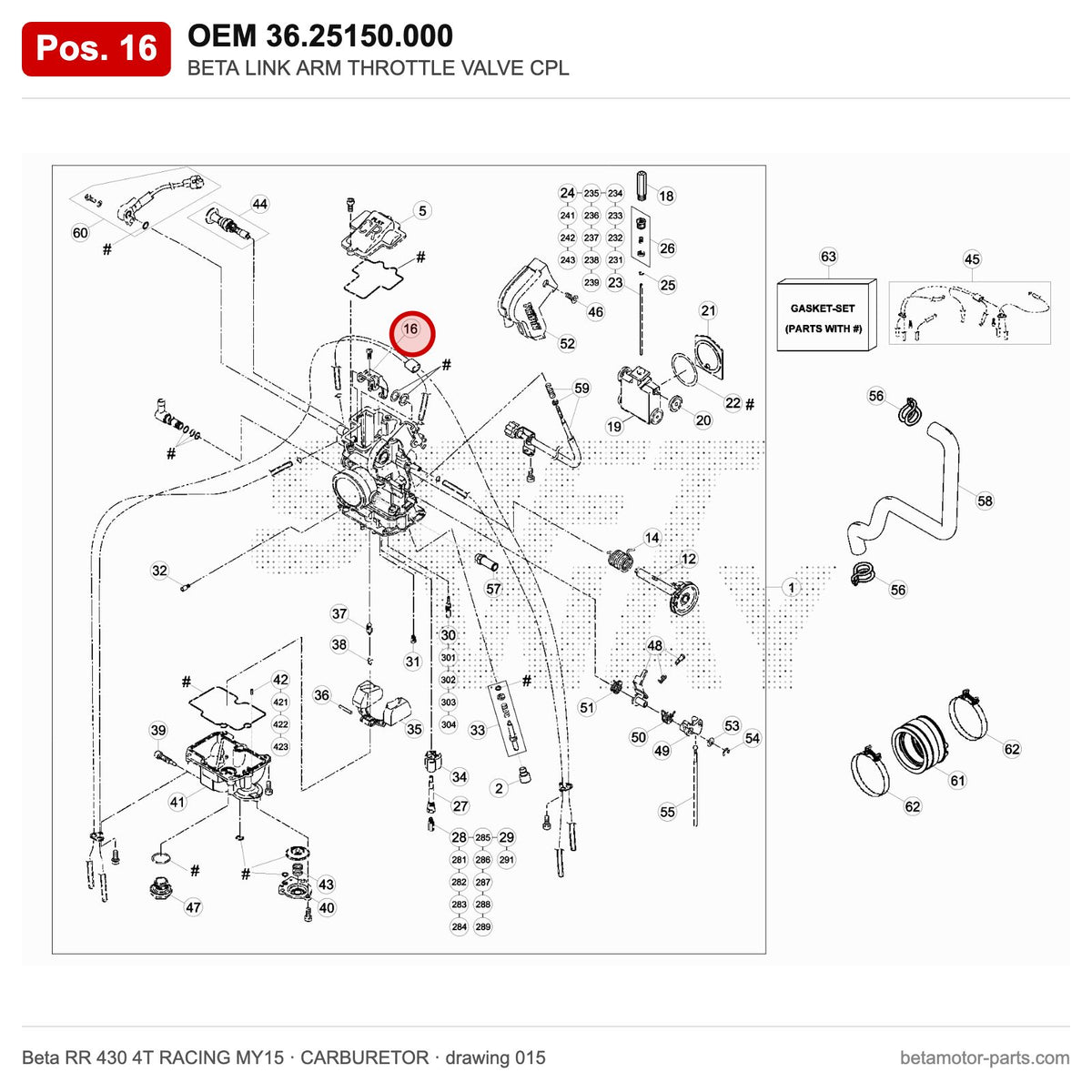 BETA LINK ARM THROTTLE VALVE CPL – OEM 36.25150.000, position 16 on the Beta RR 430 4T RACING MY15 carburetor drawing