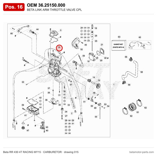 BETA LINK ARM THROTTLE VALVE CPL – OEM 36.25150.000, position 16 on the Beta RR 430 4T RACING MY15 carburetor drawing
