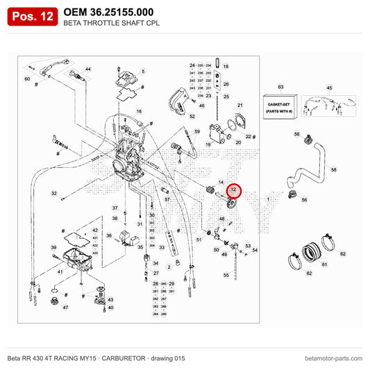 BETA THROTTLE SHAFT CPL – OEM 36.25155.000, position 12 on the Beta RR 430 4T RACING MY15 carburetor drawing