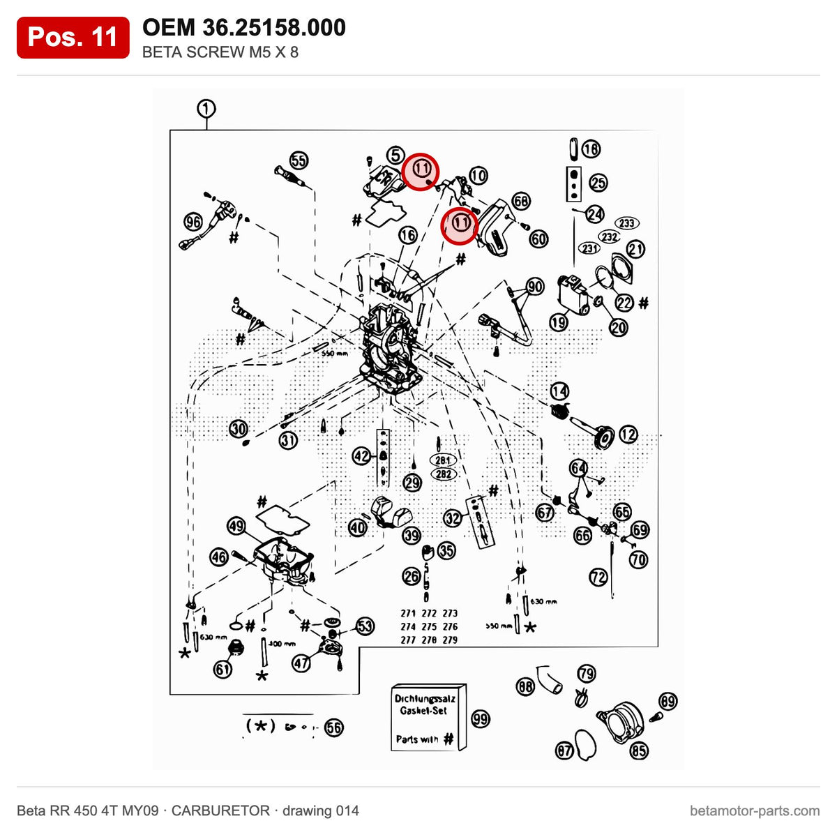 BETA SCREW M5 X 8 – OEM 36.25158.000, position 11 on the Beta RR 450 4T MY09 carburetor drawing