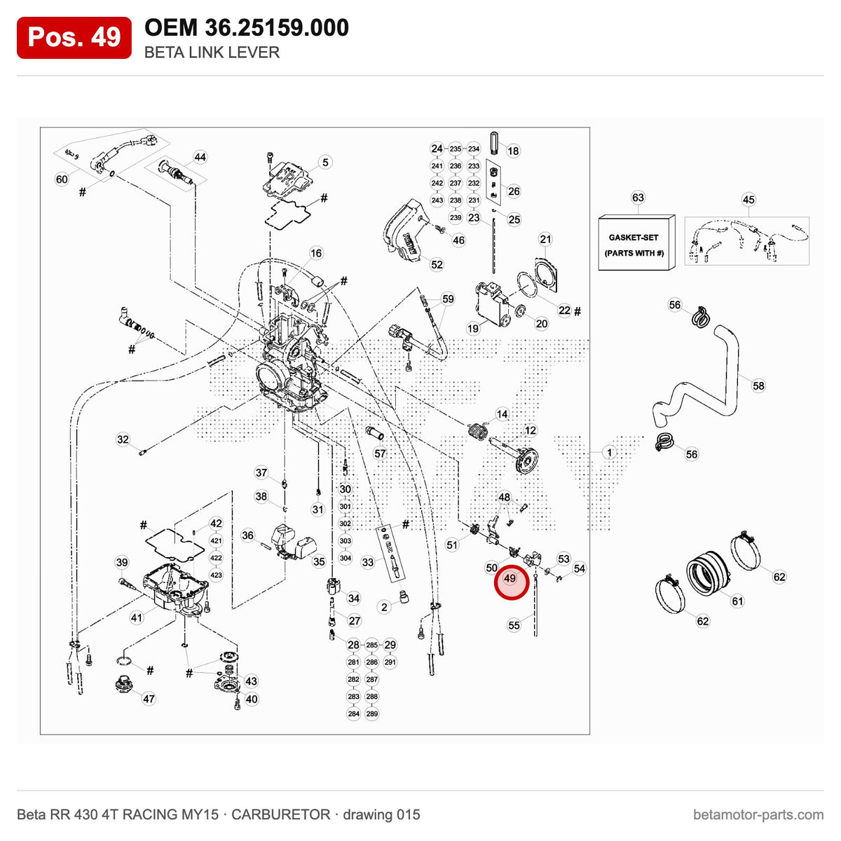 BETA LINK LEVER – OEM 36.25159.000, position 49 on the Beta RR 430 4T RACING MY15 carburetor drawing