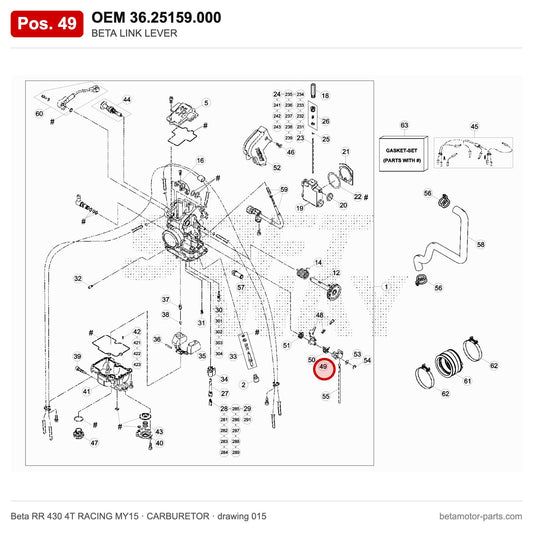 BETA LINK LEVER – OEM 36.25159.000, position 49 on the Beta RR 430 4T RACING MY15 carburetor drawing