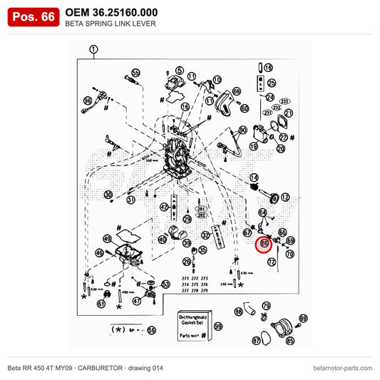 BETA SPRING LINK LEVER – OEM 36.25160.000, position 66 on the Beta RR 450 4T MY09 carburetor drawing