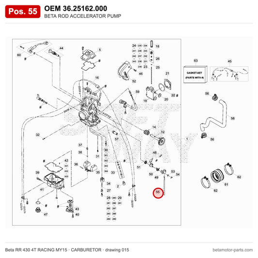 BETA ROD ACCELERATOR PUMP – OEM 36.25162.000, position 55 on the Beta RR 430 4T RACING MY15 carburetor drawing