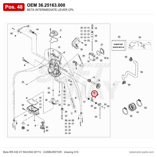 BETA INTERMEDIATE LEVER CPL – OEM 36.25163.000, position 48 on the Beta RR 430 4T RACING MY15 carburetor drawing