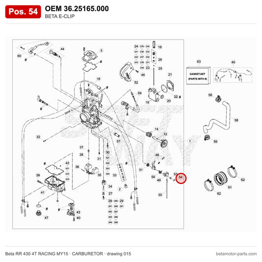 BETA E-CLIP – OEM 36.25165.000, position 54 on the Beta RR 430 4T RACING MY15 carburetor drawing