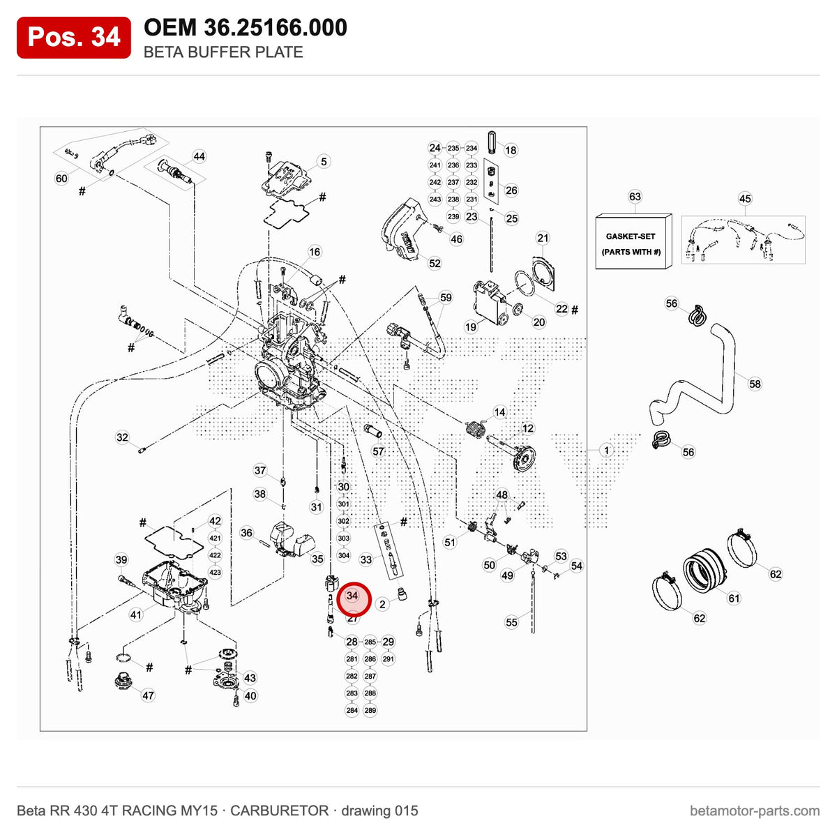 BETA BUFFER PLATE – OEM 36.25166.000, position 34 on the Beta RR 430 4T RACING MY15 carburetor drawing