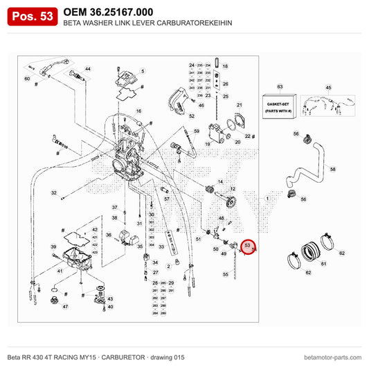 BETA WASHER LINK LEVER CARBURATOREKEIHIN – OEM 36.25167.000, position 53 on the Beta RR 430 4T RACING MY15 carburetor drawing