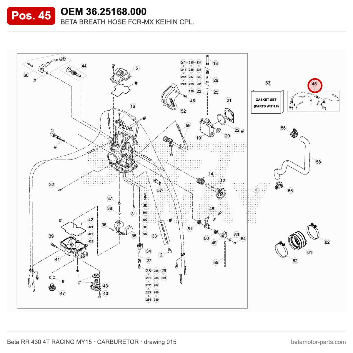 BETA BREATH HOSE FCR-MX KEIHIN CPL. – OEM 36.25168.000, position 45 on the Beta RR 430 4T RACING MY15 carburetor drawing