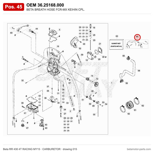 BETA BREATH HOSE FCR-MX KEIHIN CPL. – OEM 36.25168.000, position 45 on the Beta RR 430 4T RACING MY15 carburetor drawing
