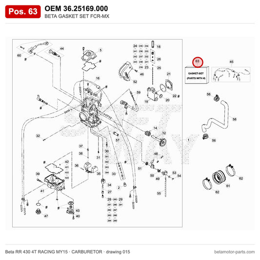BETA GASKET SET FCR-MX – OEM 36.25169.000, position 63 on the Beta RR 430 4T RACING MY15 carburetor drawing