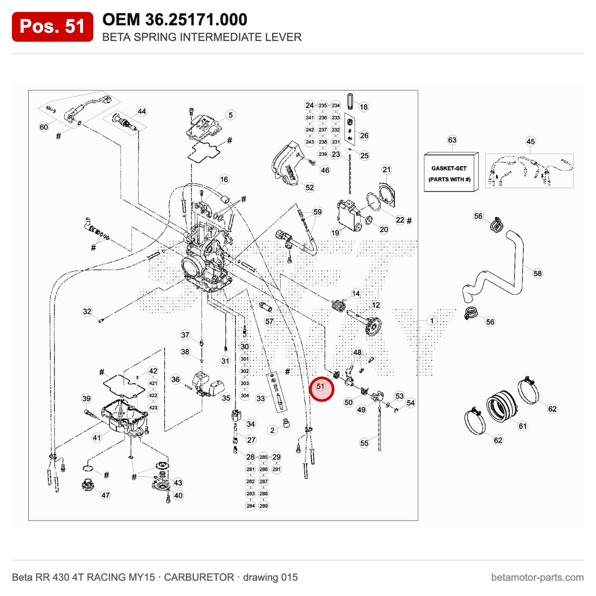 BETA SPRING INTERMEDIATE LEVER – OEM 36.25171.000, position 51 on the Beta RR 430 4T RACING MY15 carburetor drawing