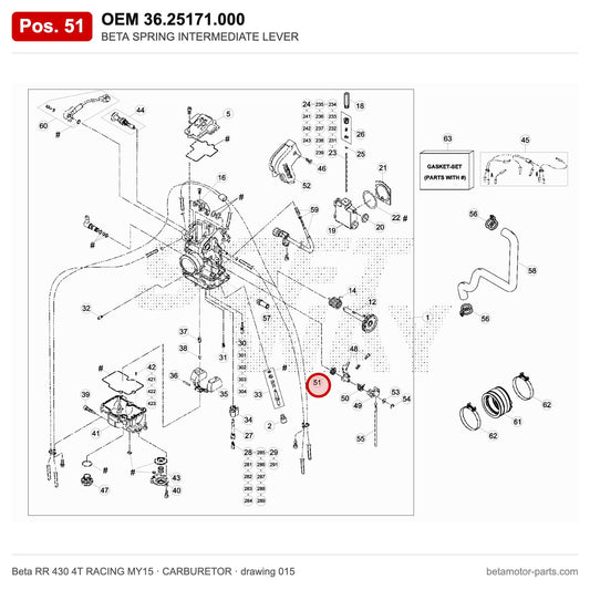 BETA SPRING INTERMEDIATE LEVER – OEM 36.25171.000, position 51 on the Beta RR 430 4T RACING MY15 carburetor drawing