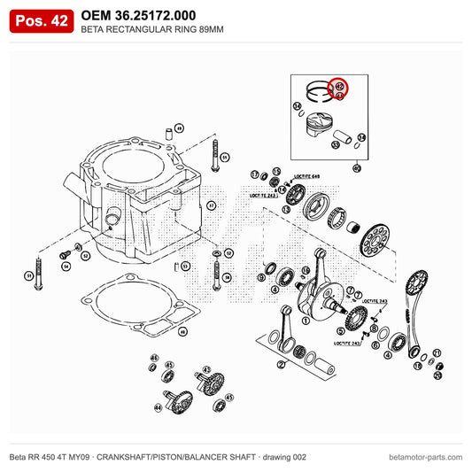 BETA RECTANGULAR RING 89MM – OEM 36.25172.000, position 42 on the Beta RR 450 4T MY09 crankshaft/piston/balancer shaft drawing