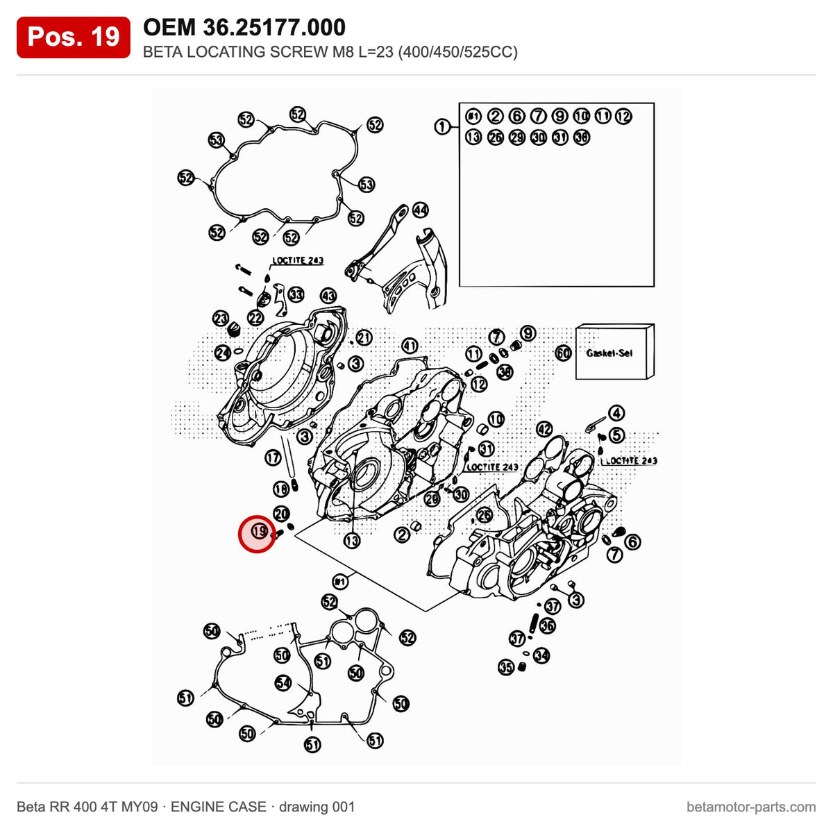 BETA LOCATING SCREW M8 L=23 (400/450/525CC) – OEM 36.25177.000, position 19 on the Beta RR 400 4T MY09 engine case drawing