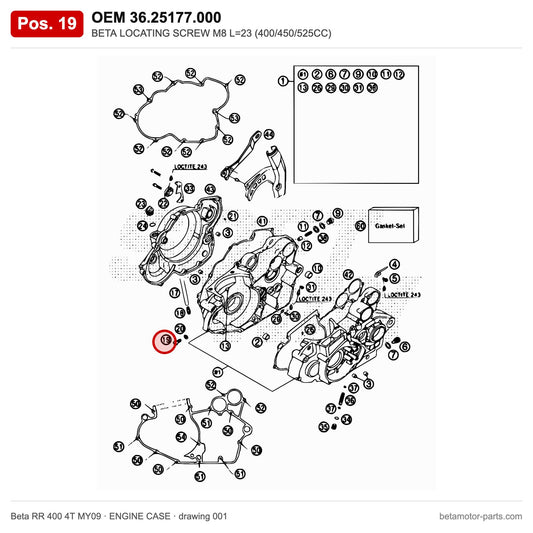 BETA LOCATING SCREW M8 L=23 (400/450/525CC) – OEM 36.25177.000, position 19 on the Beta RR 400 4T MY09 engine case drawing