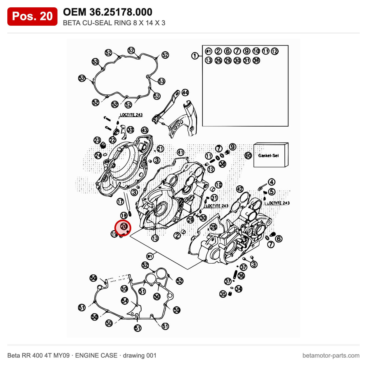 BETA CU-SEAL RING 8 X 14 X 3 – OEM 36.25178.000, position 20 on the Beta RR 400 4T MY09 engine case drawing