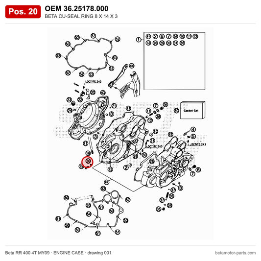 BETA CU-SEAL RING 8 X 14 X 3 – OEM 36.25178.000, position 20 on the Beta RR 400 4T MY09 engine case drawing