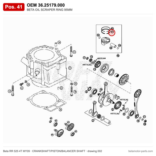 BETA OIL SCRAPER RING 95MM – OEM 36.25179.000, position 41 on the Beta RR 525 4T MY09 crankshaft/piston/balancer shaft drawing