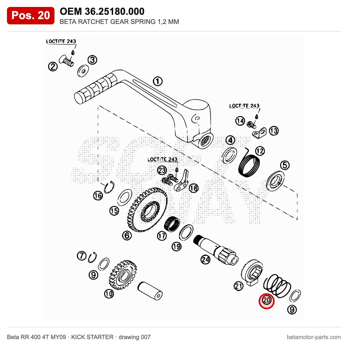 BETA RATCHET GEAR SPRING 1,2 MM – OEM 36.25180.000, position 20 on the Beta RR 400 4T MY09 kick starter drawing