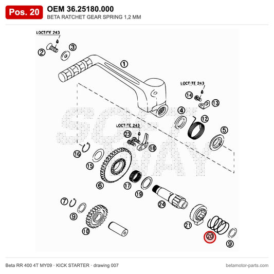 BETA RATCHET GEAR SPRING 1,2 MM – OEM 36.25180.000, position 20 on the Beta RR 400 4T MY09 kick starter drawing