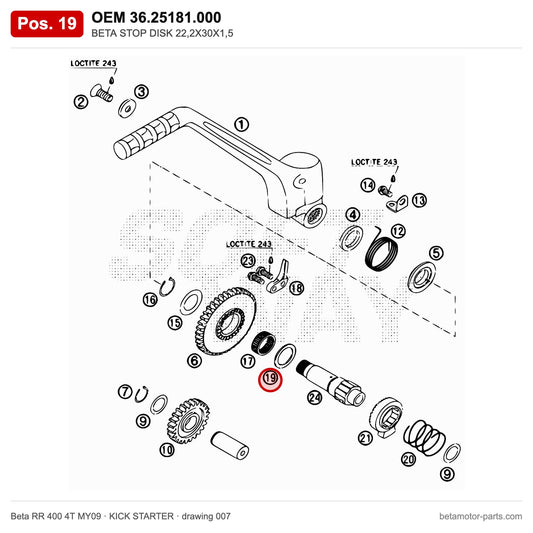 BETA STOP DISK 22,2X30X1,5 – OEM 36.25181.000, position 19 on the Beta RR 400 4T MY09 kick starter drawing