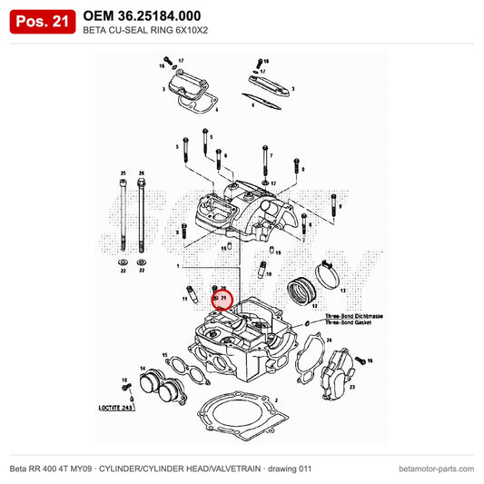 BETA CU-SEAL RING 6X10X2 – OEM 36.25184.000, position 21 on the Beta RR 400 4T MY09 cylinder/cylinder head/valvetrain drawing