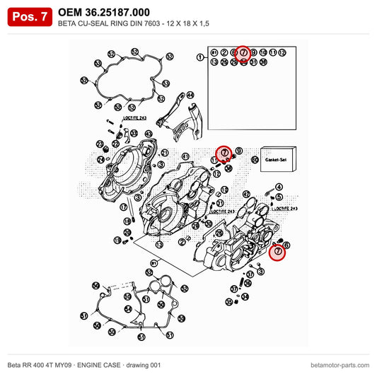 BETA CU-SEAL RING DIN 7603 - 12 X 18 X 1,5 – OEM 36.25187.000, position 7 on the Beta RR 400 4T MY09 engine case drawing