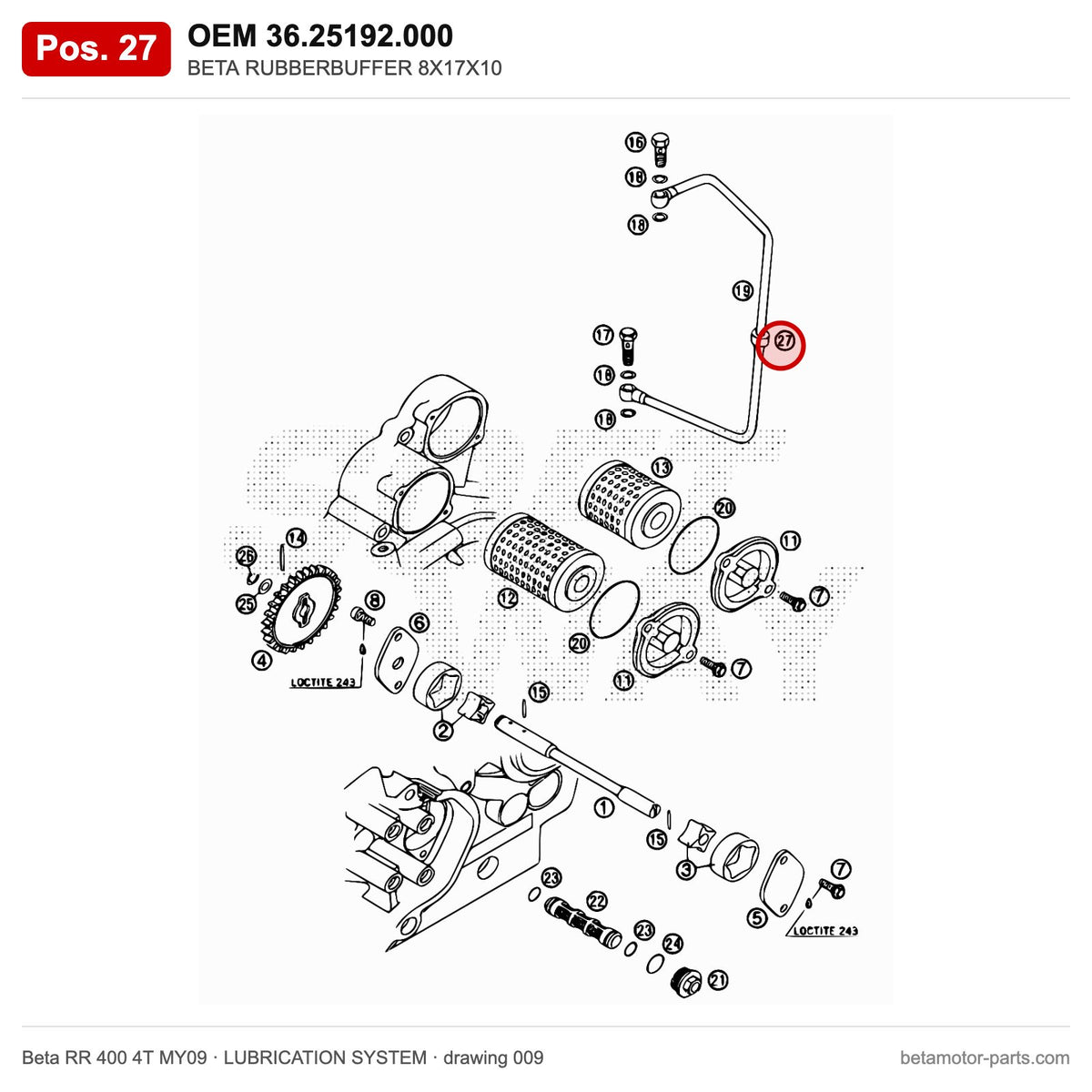 BETA RUBBERBUFFER 8X17X10 – OEM 36.25192.000, position 27 on the Beta RR 400 4T MY09 lubrication system drawing