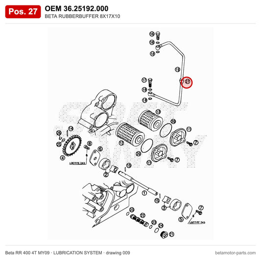 BETA RUBBERBUFFER 8X17X10 – OEM 36.25192.000, position 27 on the Beta RR 400 4T MY09 lubrication system drawing