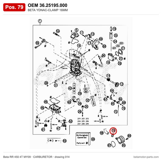 BETA YDNAC-CLAMP 16MM – OEM 36.25195.000, position 79 on the Beta RR 450 4T MY09 carburetor drawing
