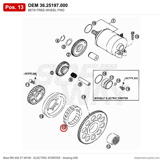 BETA FREE-WHEEL FWD – OEM 36.25197.000, position 13 on the Beta RR 400 4T MY09 elettricstarter drawing