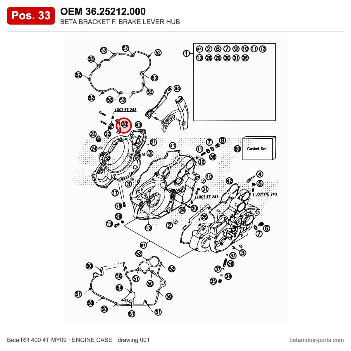 BETA BRACKET F. BRAKE LEVER HUB – OEM 36.25212.000, position 33 on the Beta RR 400 4T MY09 engine case drawing