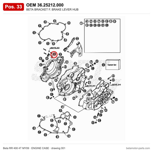 BETA BRACKET F. BRAKE LEVER HUB – OEM 36.25212.000, position 33 on the Beta RR 400 4T MY09 engine case drawing