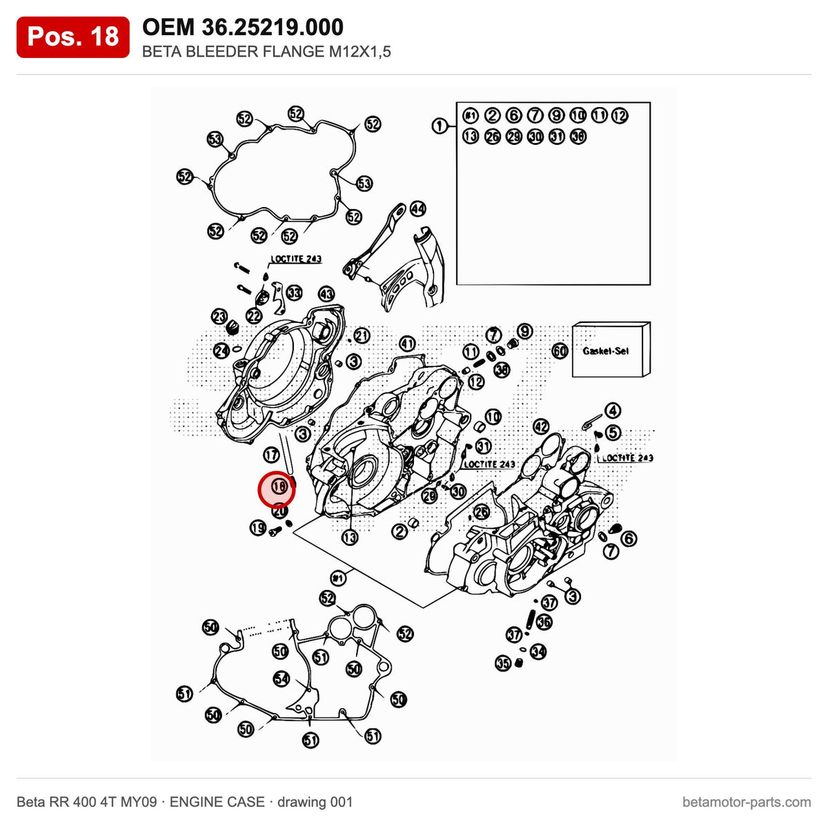BETA BLEEDER FLANGE M12X1,5 – OEM 36.25219.000, position 18 on the Beta RR 400 4T MY09 engine case drawing