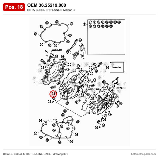BETA BLEEDER FLANGE M12X1,5 – OEM 36.25219.000, position 18 on the Beta RR 400 4T MY09 engine case drawing