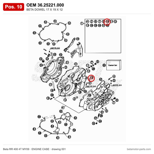 BETA DOWEL 17 X 19 X 12 – OEM 36.25221.000, position 10 on the Beta RR 400 4T MY09 engine case drawing