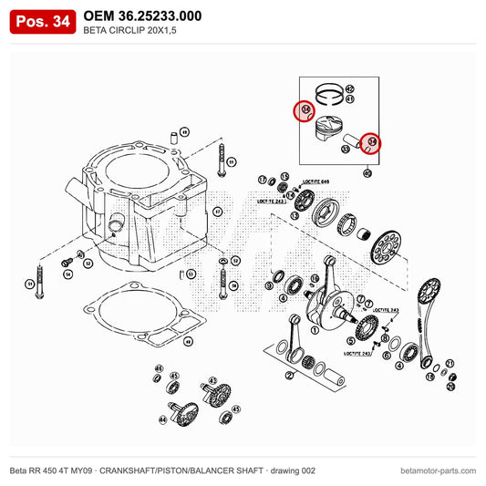 BETA CIRCLIP 20X1,5 – OEM 36.25233.000, position 34 on the Beta RR 450 4T MY09 crankshaft/piston/balancer shaft drawing