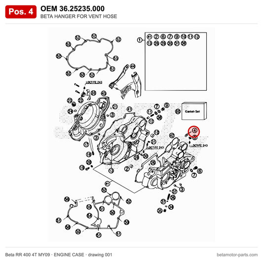 BETA HANGER FOR VENT HOSE – OEM 36.25235.000, position 4 on the Beta RR 400 4T MY09 engine case drawing