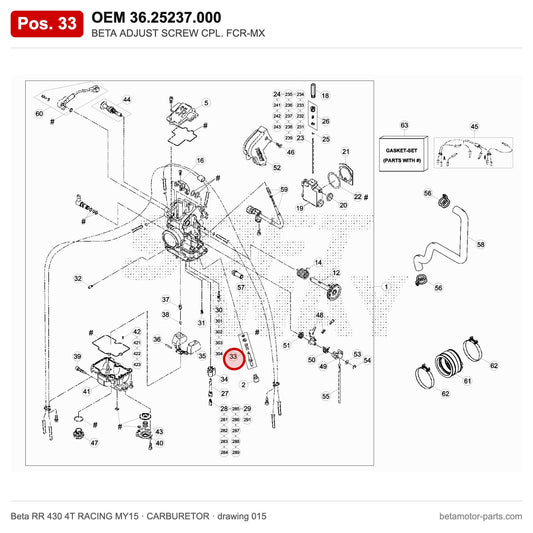BETA ADJUST SCREW CPL. FCR-MX – OEM 36.25237.000, position 33 on the Beta RR 430 4T RACING MY15 carburetor drawing