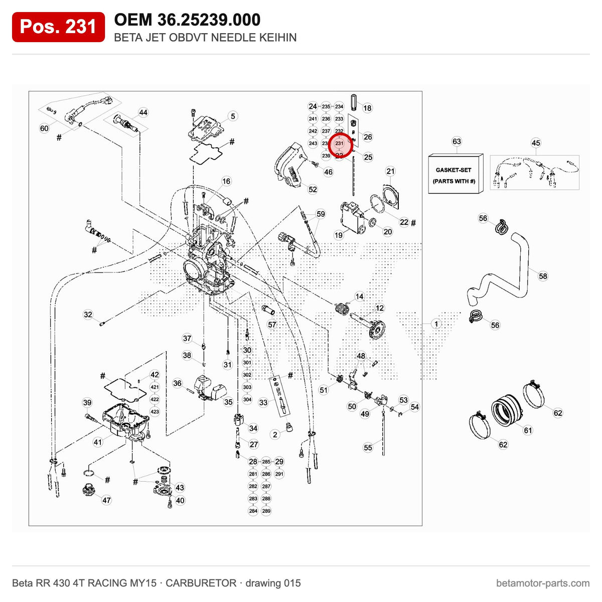 BETA JET OBDVT NEEDLE KEIHIN – OEM 36.25239.000, position 231 on the Beta RR 430 4T RACING MY15 carburetor drawing
