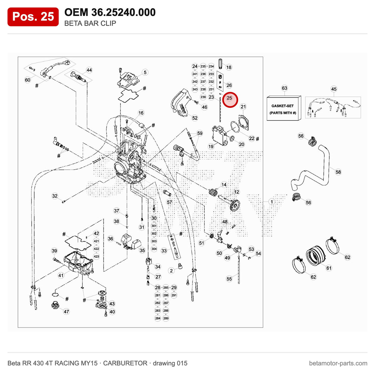BETA BAR CLIP – OEM 36.25240.000, position 25 on the Beta RR 430 4T RACING MY15 carburetor drawing