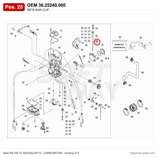 BETA BAR CLIP – OEM 36.25240.000, position 25 on the Beta RR 430 4T RACING MY15 carburetor drawing