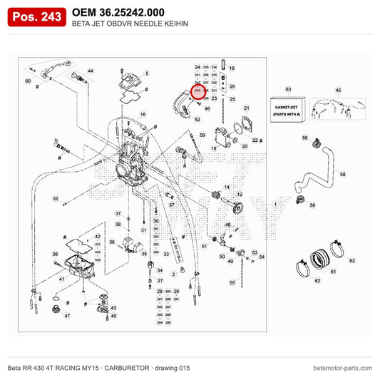 BETA JET OBDVR NEEDLE KEIHIN – OEM 36.25242.000, position 243 on the Beta RR 430 4T RACING MY15 carburetor drawing